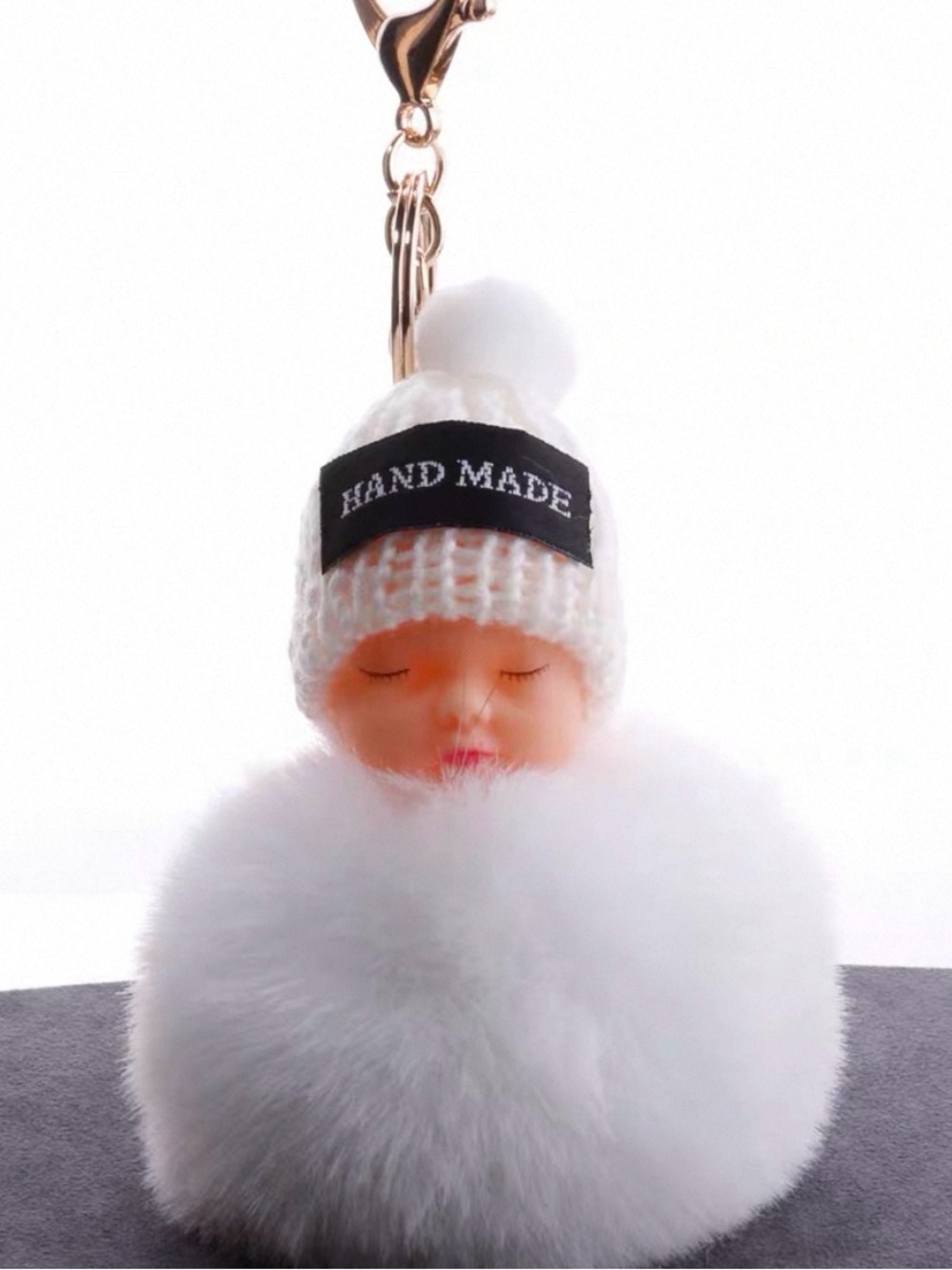 Cute Sleeping Baby Doll White Pom Pom Keychain Bag charm